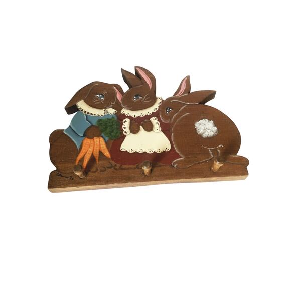 Vintage Bunny 3 Peg 3 Bunnies Wall Hanging Keys Leashes Signed Elaine 98 - Picture 2 of 7